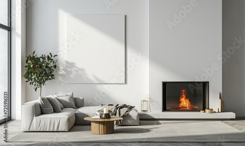 Wallpaper Mural Interior of modern living room with white walls, concrete floor, comfortable sofa with cushions, coffee table and mock up poster frame Torontodigital.ca