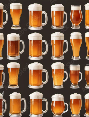 Photo Of Set Icons Of Beer With Foam In Mugs And Glasses Isolated.