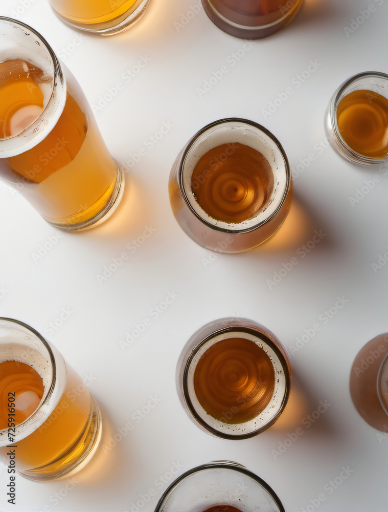 Photo Of Top View Of Glass Of Beer On White Isolated Background. Photo Of Top View Of Glass Of Beer On White Isolated Background.
