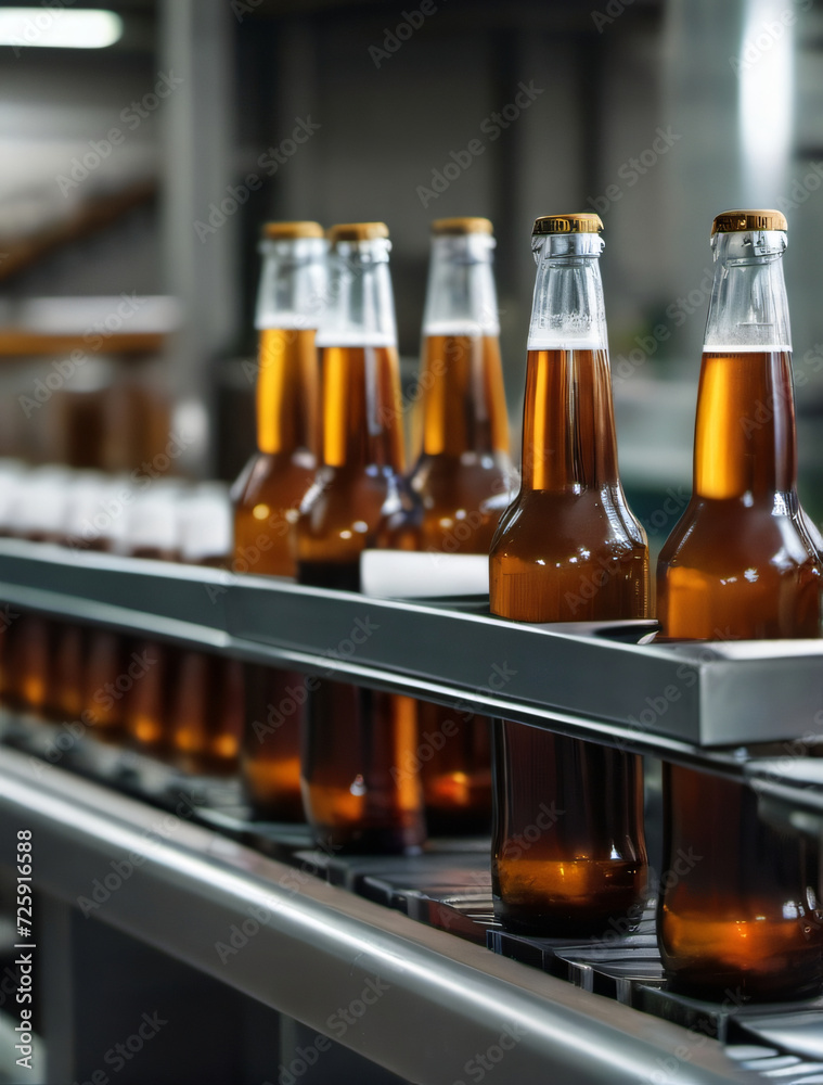 Photo Of Glass Brown Bottles Of Beer On Conveyor Belt With Light, Concept Brewery Plant Production Line, Beer Bottling Factory. Photo Of Glass Brown Bottles Of Beer On Conveyor Belt With Light, Concept Brewery Plant Production Line, Beer Bottling Factory.