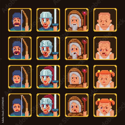 Pixel art group of characters men and women wounded isolated