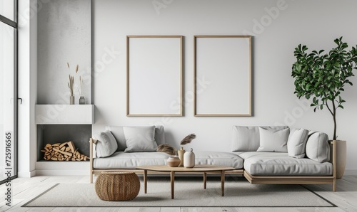 Living room interior with two vertical posters mockups on the wall