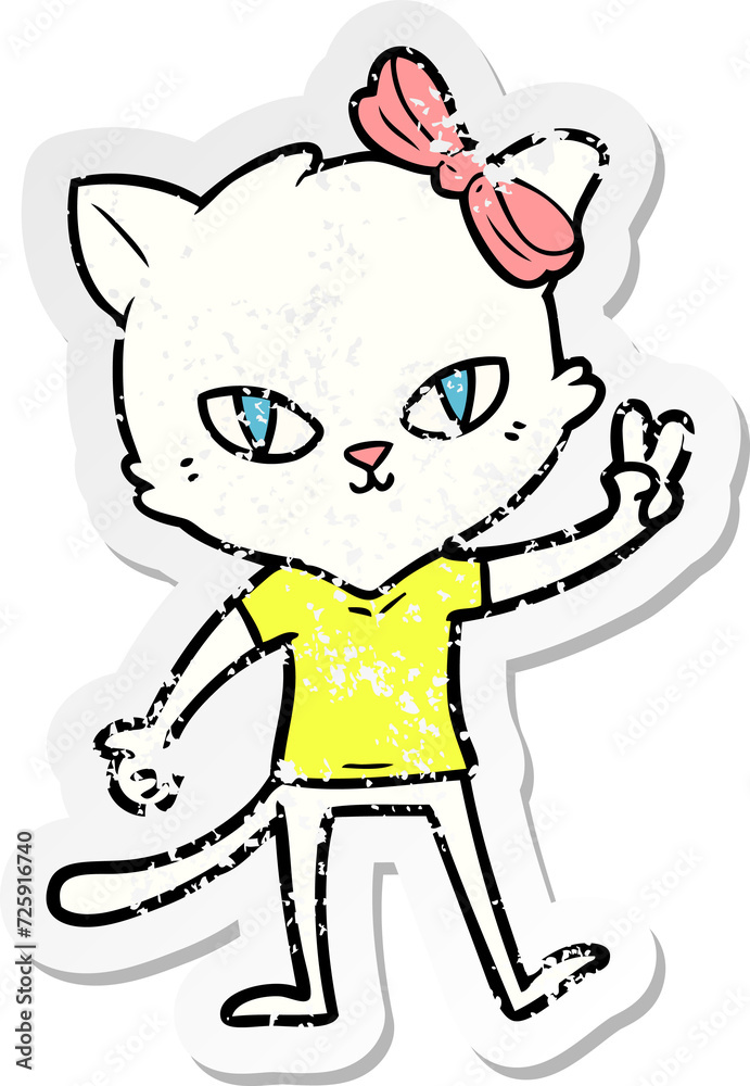 distressed sticker of a cute cartoon cat girl giving peace sign distressed sticker of a cute cartoon cat girl giving peace sign