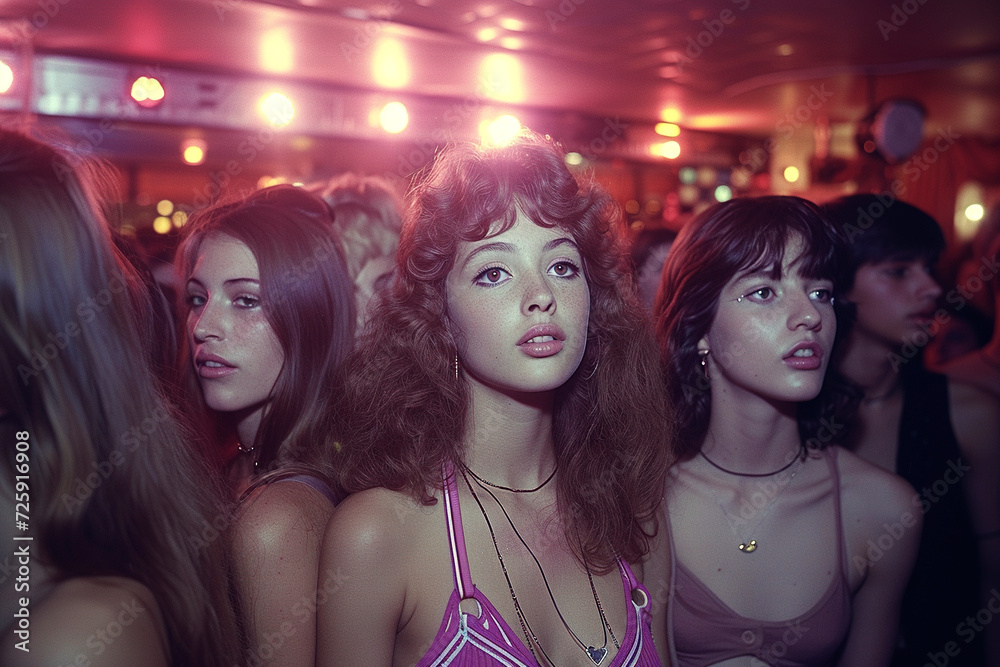 An old photo of three friends at a disco in the 1980s.