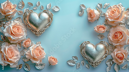 Silver hearts and roses with free space for text.