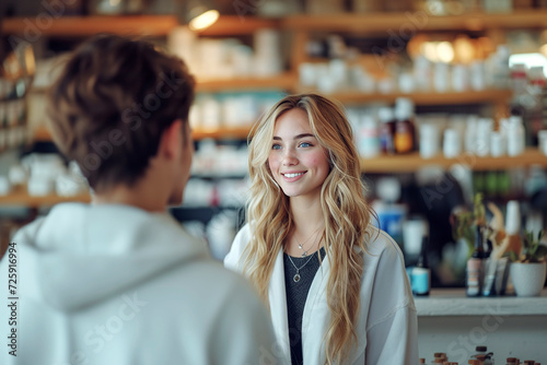 A young pharmacist attending to a customer.