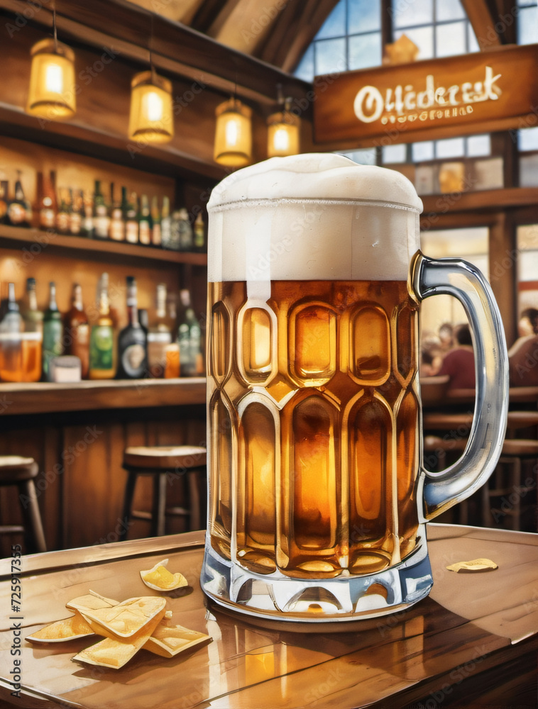 Photo Of Oktoberfest, Watercolor Illustration With Glass Of Lager In Picturesque Style, Bar, Drink Menu, Celebration, Beer Poster. Photo Of Oktoberfest, Watercolor Illustration With Glass Of Lager In Picturesque Style, Bar, Drink Menu, Celebration, Beer Poster.