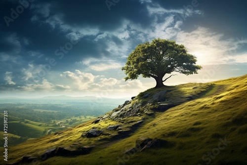 A solitary tree thrives on a hill, symbolizing strength, triumph over obstacles, and motivation. Generative AI photo
