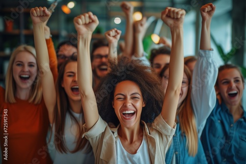 Diverse business team employees celebrating good news with their fists up in the air. Business win, corporate success