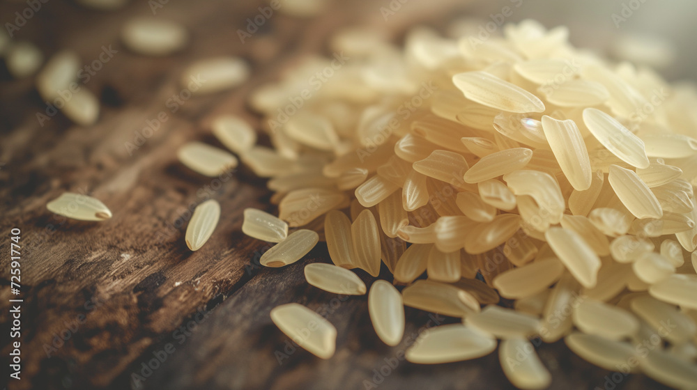 Obraz premium Close-up macro shot of rice on wooden table.