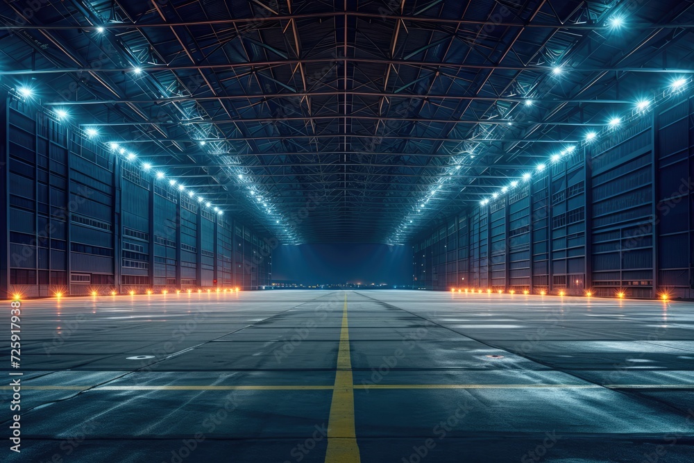 Obraz premium Empty hangar by night with lights on. 