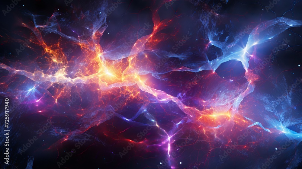 Vibrant cosmic energy surge with dynamic interplay of electric blues and fiery reds. Magnetic storm in outer space. Concepts of cosmos, energy, abstract, fantasy background and dynamic flow. - obrazy, fototapety, plakaty 