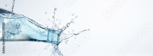 Water in bottle shape creating a splash, panoramic view with white background. Wide banner. Copy space. Concept of refreshment, hydration, and pure water.