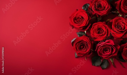 Bouquet of red roses on a red background with copy space