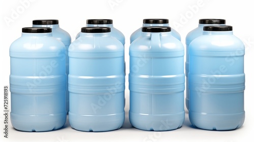 Row of big plastic water bottles for coolers. White background. Concept of bulk water storage, office hydration, and water dispensing solutions.