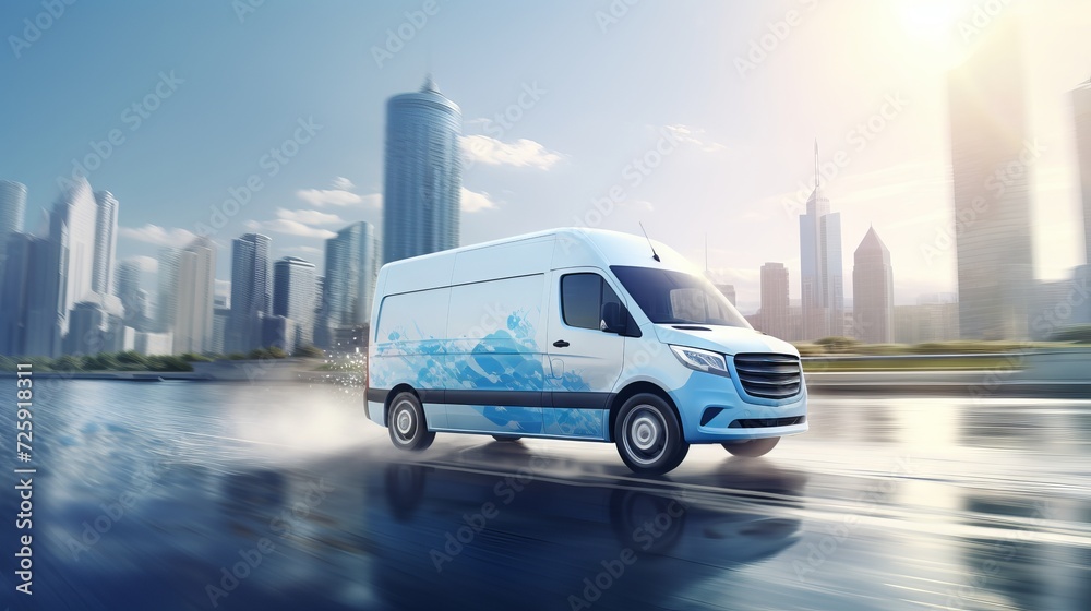 Commercial van driving along a wet road in a modern city setting. Concept of package delivery, fast shipping, business logistics, and metropolitan transport.