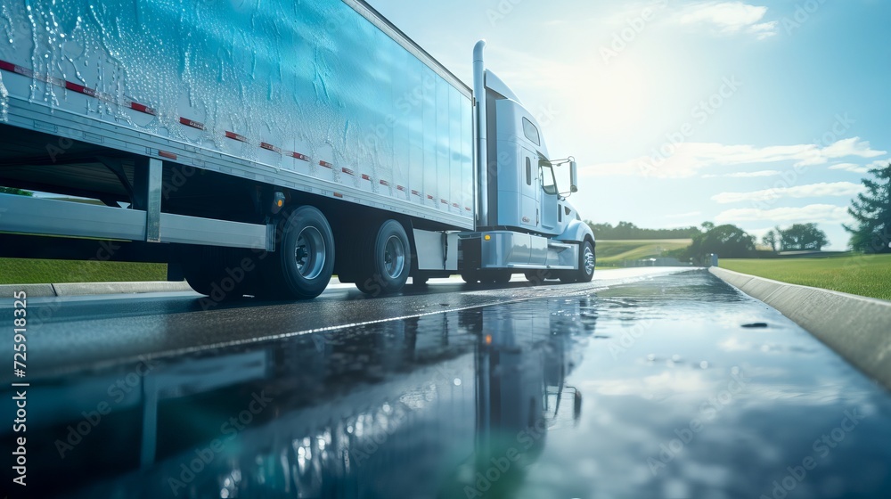 Blue semi truck on a wet highway under clear skies. Concept of transportation, logistics, freight services, delivery service, and road safety.