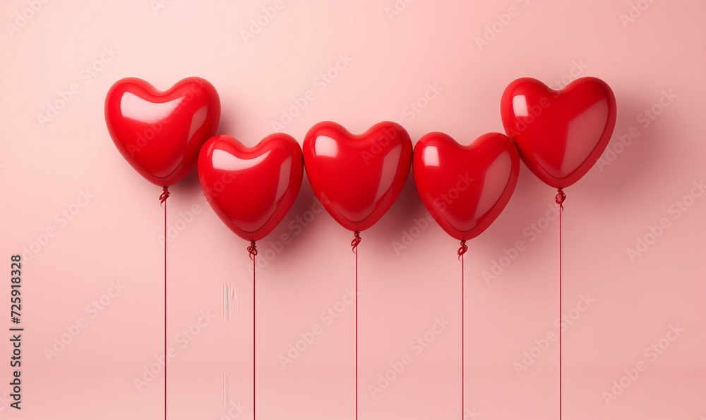 Red heart shaped balloons on pink background. Valentine's day concept. 3D Render
