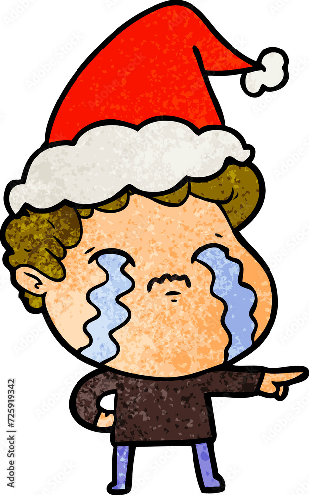 Fototapeta premium textured cartoon of a man crying wearing santa hat