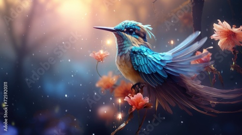 Cute little blue bird. Cute animals and birds. Spring symbol. Blue luck bird. glow and bokeh © Svetlana