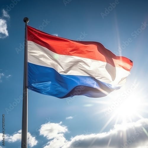 The bright, clear sky forms the perfect backdrop for the Netherlands flag as it billows in the wind, captured in a moment of national pride.