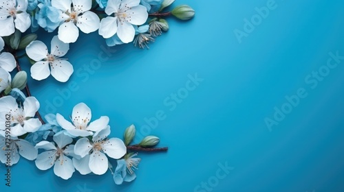 blue background or texture with spring flowers. frame  place for text. template  greeting card for Mother s Day  March 8