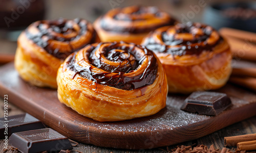 Freshly baked sweet buns puff pastry with chocolate on a wooden background. Breakfast or brunch concept.