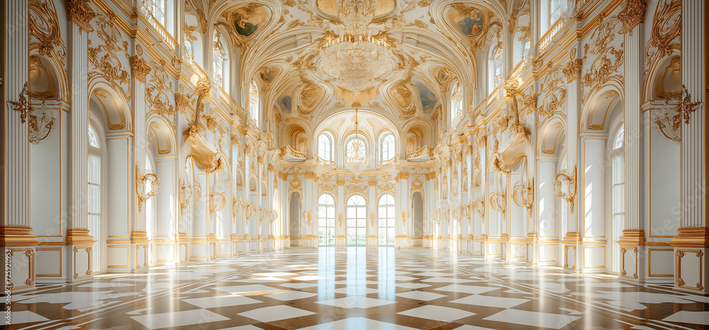 Luxury classic gold colonnade corridor with marble floor. Luxurious palace royal interior	