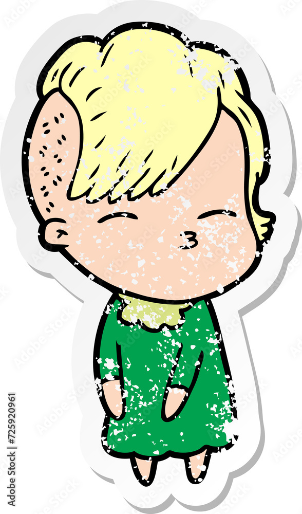 Obraz premium distressed sticker of a cartoon squinting girl