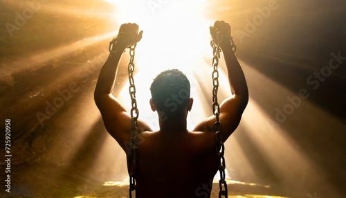 Man from behind freeing himself from thick chains that break with intense white light in background photo