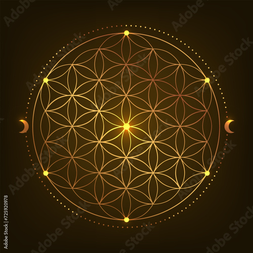 Sacred Geometry Symbol. Vector illustration. Mystic esoteric Flower of Life. Golden Seed of life. Mandala lotus flower on black background