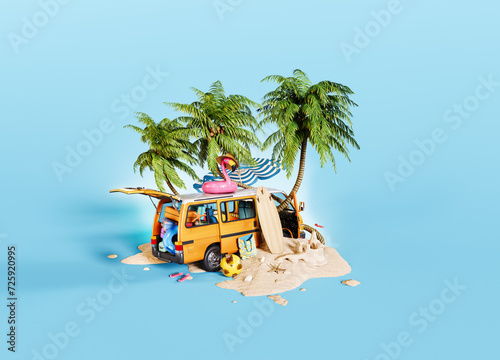 Fototapeta Naklejka Na Ścianę i Meble -  Summer travel concept. Orange van with luggage on the beach sand with palm trees on blue background. 3D Rendering, 3D Illustration