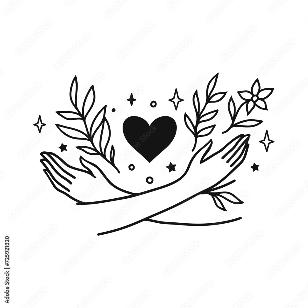 Hand with heart with flowers. Self-care. Vector illustration.