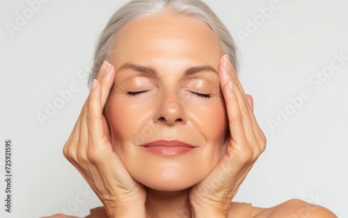 Senior older woman with closed eyes touching her perfect skin. Beautiful portrait mid 50s aged woman, advertising facial antiage lift, products salon care skin, white background