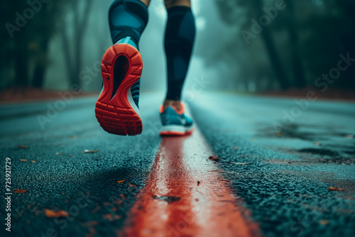 Close-up of runner's legs and shoes on wet road