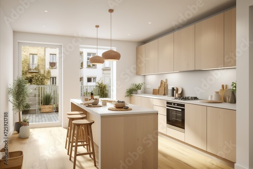 Cozy and Minimalist Kitchen Interior with Light Neutral Colors and Natural Wood Accents