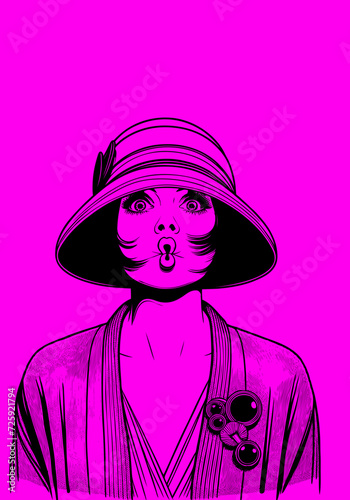 Dessin au trait - Personnage années folles - 1920 - Femme qui fait une grimace
