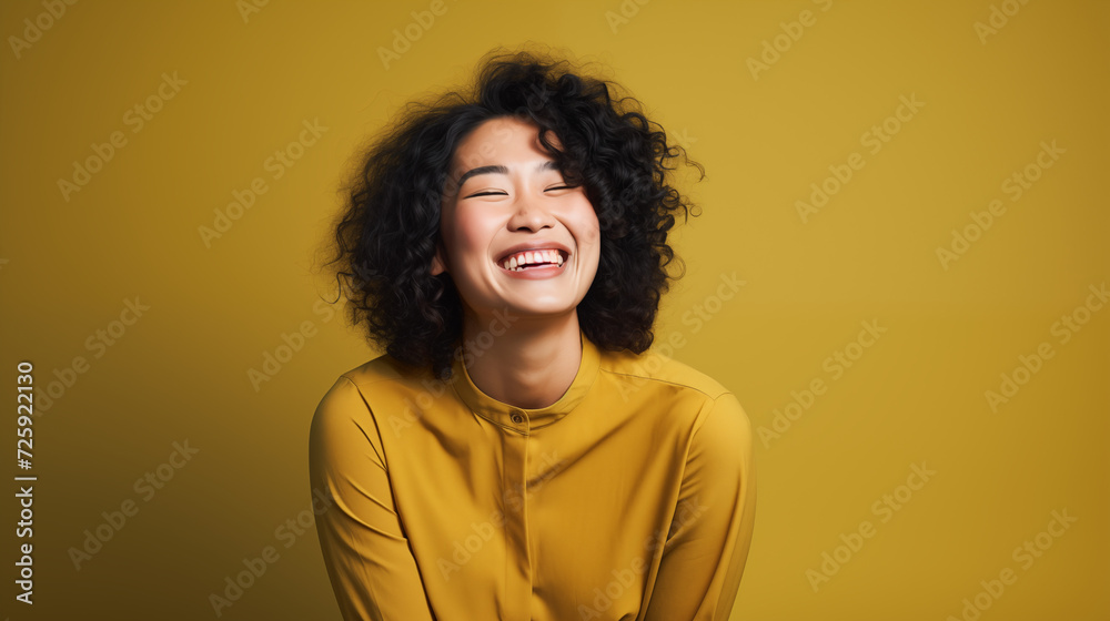 Happy smiling Asian woman wearing a yellow shirt on a yellow background Happy smiling Asian woman wearing a yellow shirt on a yellow background