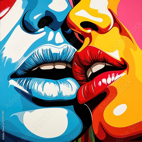 Lesbian girls kissing. Drawing of a close-up two women with lips near to each other, using a pop art and comic book art style.Red lips kiss together, upper lip kisses lower lip.LGBT concept