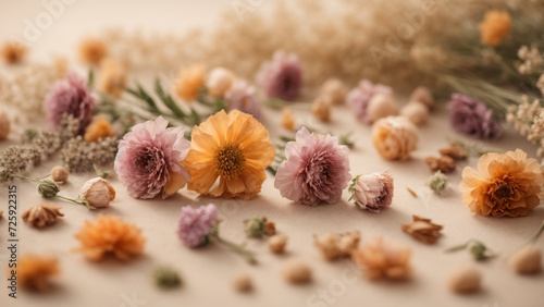Timeless Romance: Top View Composition of Romantic Dried Flowers on a Surface