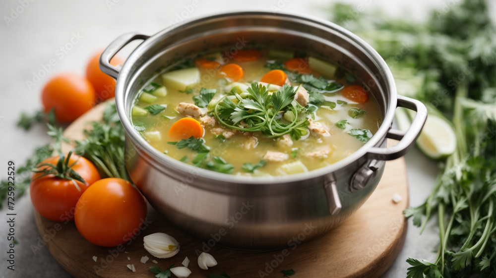 Springtime Comfort: Top View of a Vegetable Soup with Chicken Broth
Springtime Comfort: Top View of a Vegetable Soup with Chicken Broth
