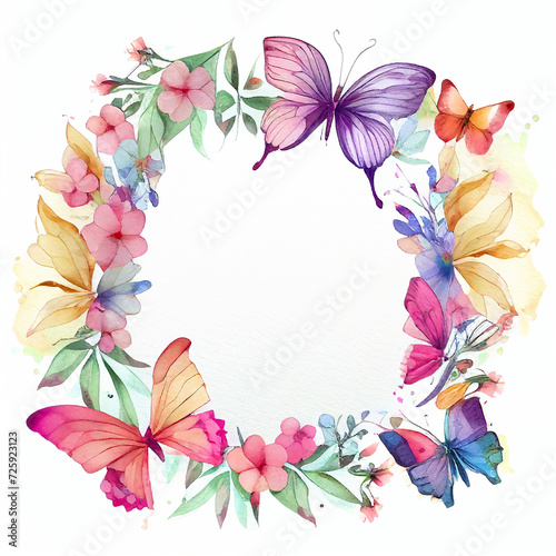 Round flower wreath with butterflies watercolor illustration  floral spring natural frame for wedding invitation design  summer decoration with flowers and leaves art