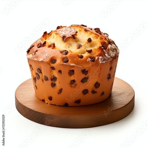 a panettone cake with chocolate chips on rustic wooden table, studio light , isolated on white background, clipping path, full depth of field