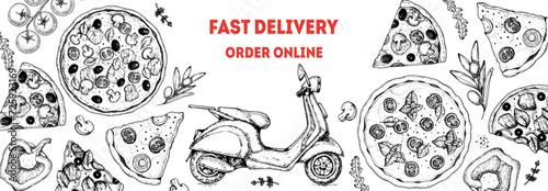 Pizza delivery scooter. Italian pizza and ingredients top view frame. Italian food menu design template. Vintage hand drawn sketch, vector illustration.