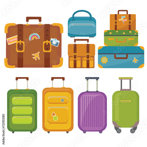 Set of different travel suitcases. Vector illustration in flat style.