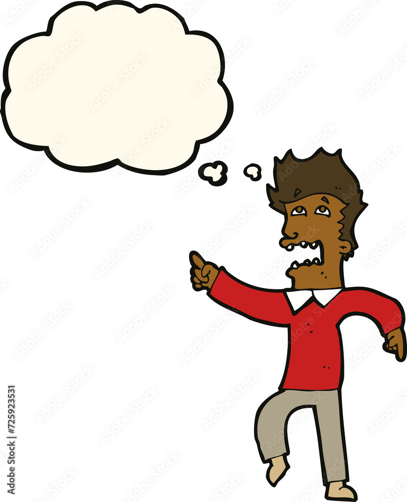 cartoon frightened man pointing with thought bubble cartoon frightened man pointing with thought bubble