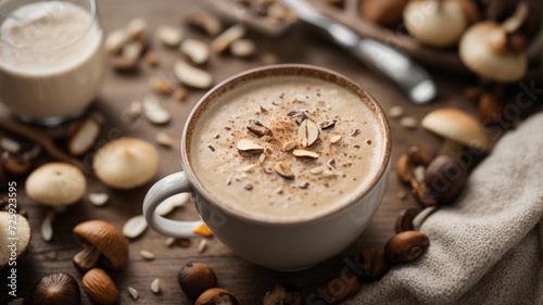 Gastronomic Delight: Top View of Mushroom Latte with Shiitake Powder

