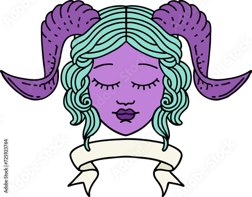 tiefling character face with scroll banner illustration