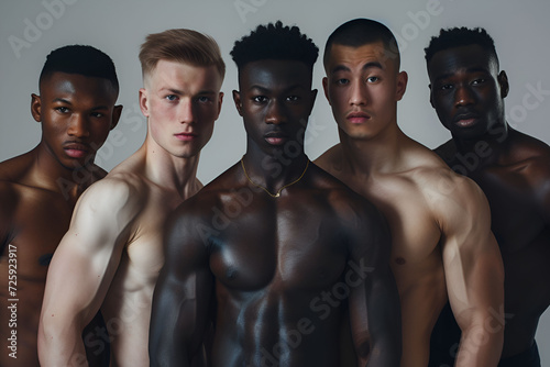 Multiracial group of  boxers, fighters with different body and ethnicity posing together to show the men power and strengt, sport, beauty, models, grey background