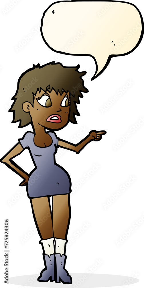 cartoon worried woman in dress pointing with speech bubble
